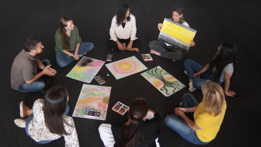 A group of Advanced Diploma of Transpersonal Therapy students sitting in a circle with their artwork.