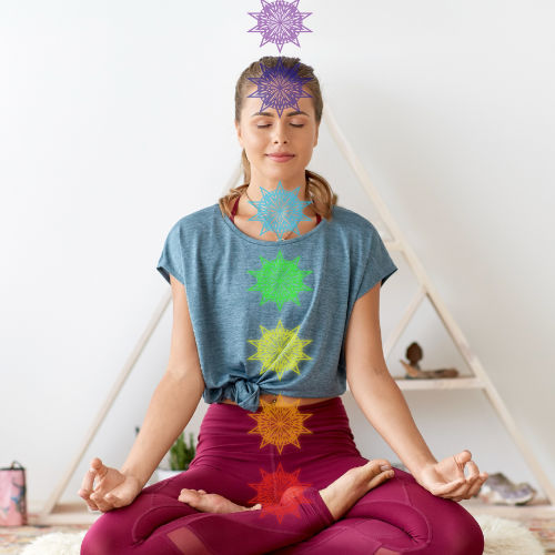 A woman meditating. Chakra symbols overlay the image in the seven chakra locations.