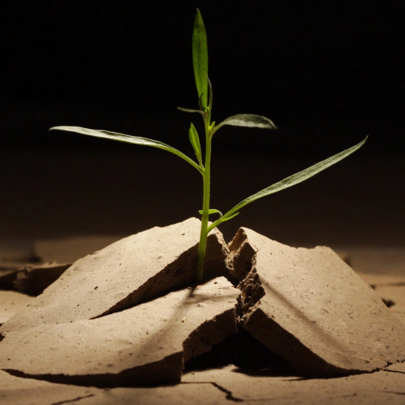 A plant sprouting through caked mud or sand.